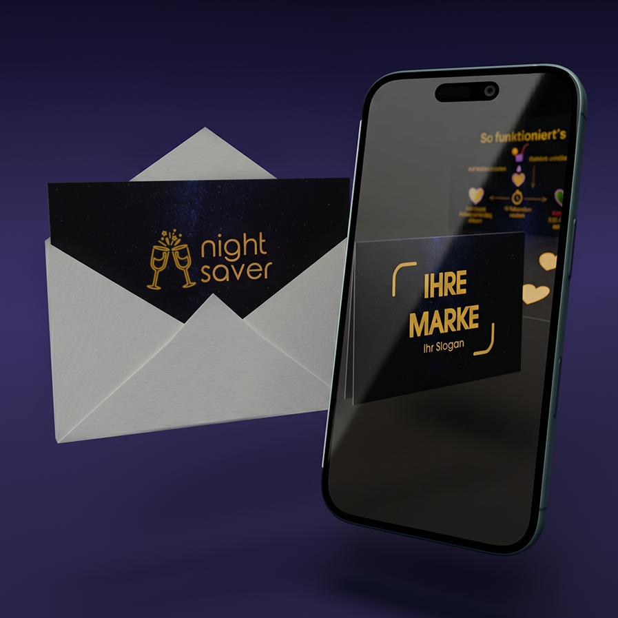 Night Saver Karte im Briefumschlag neben Smartphone mit individueller Beispielanimation