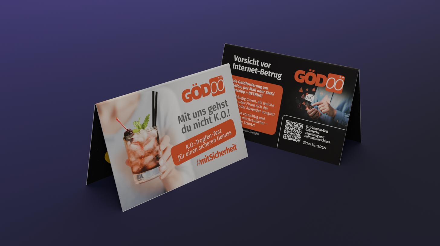 Vorder- und Rückseite der für die GÖD OÖ gebrandeten Night Saver Testkarte