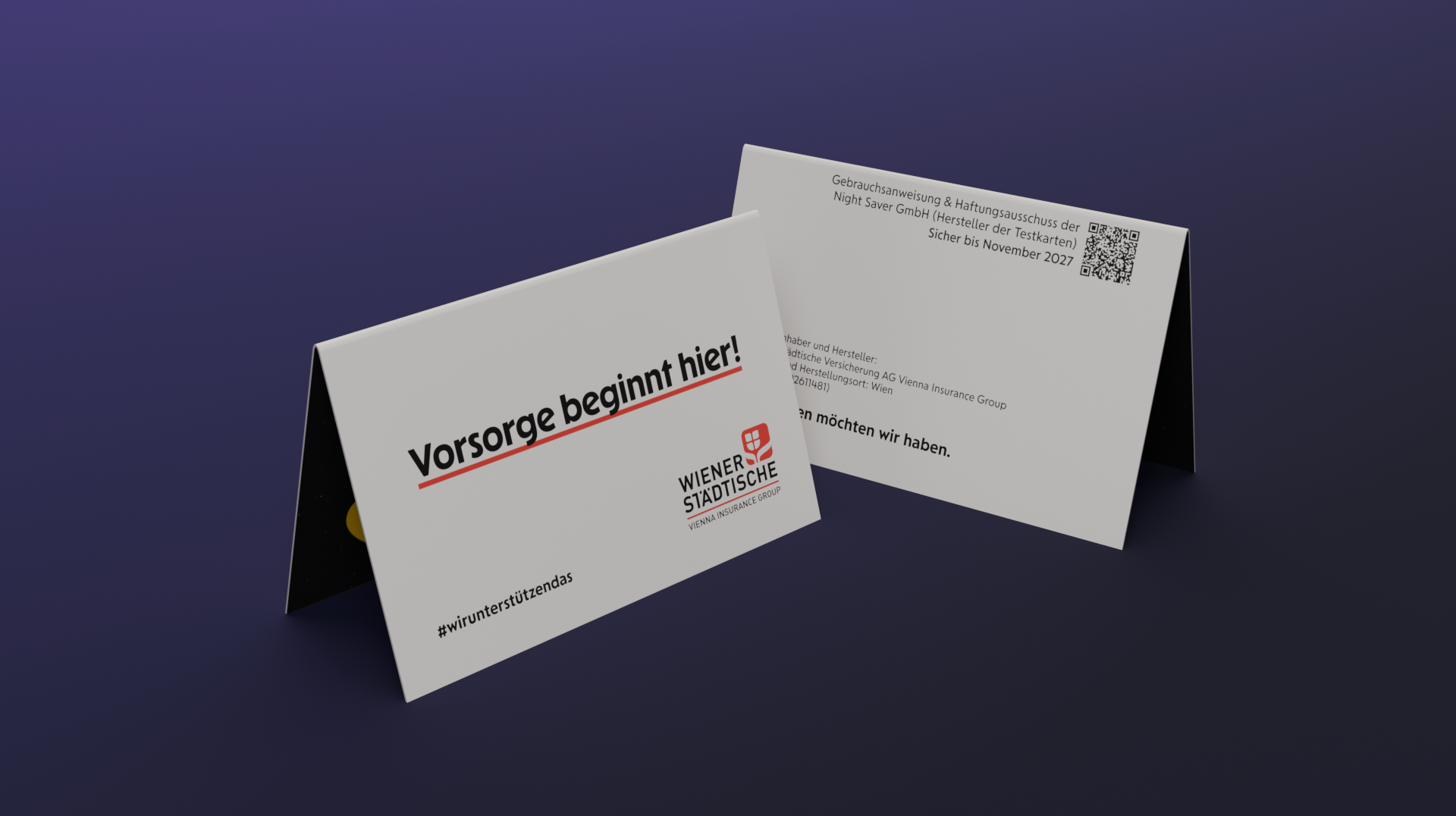 Vorder- und Rückseite der für die Wiener Städtische gebrandeten Night Saver Testkarte